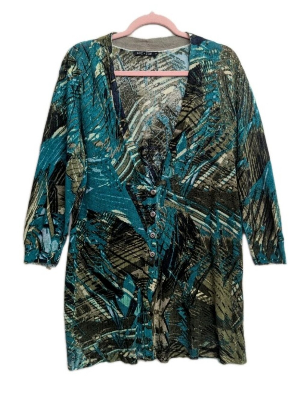 Nic & Zoe Linen & Viscose Tropical Print Cardigan Sz 2X Button Front Lightweight